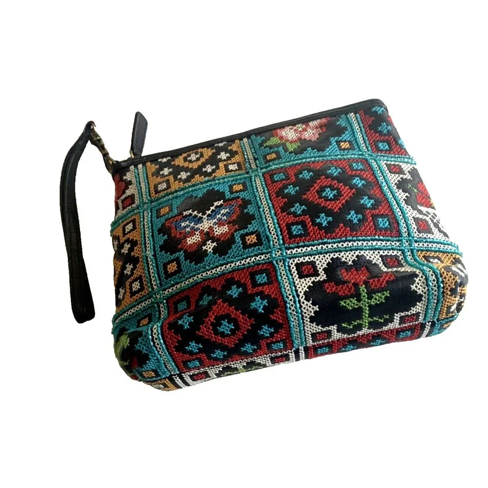 NWOT  Isabella Fiore  Multicolor Embroidered Leather Wristlet -  Make up Bag